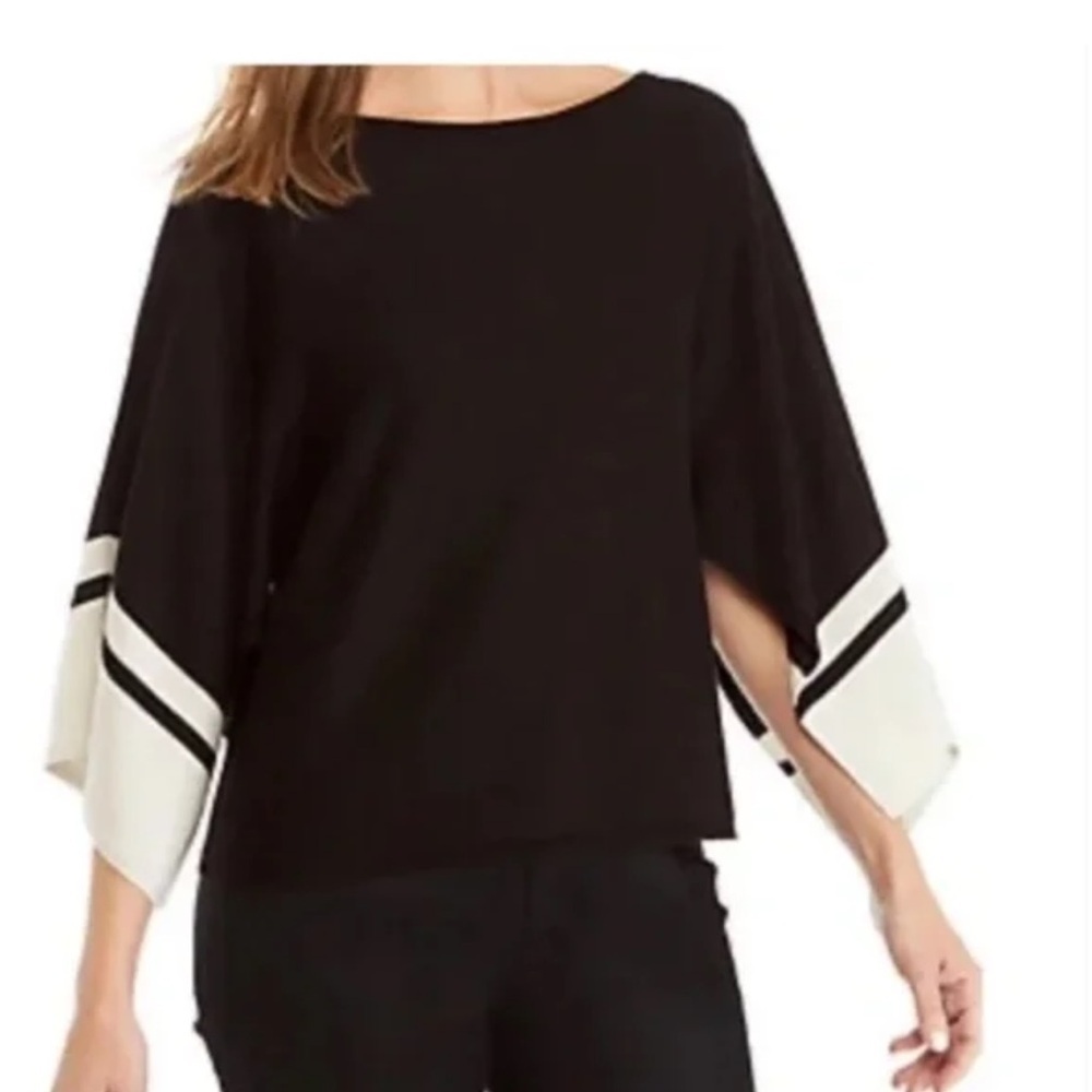 Eileen Fisher Bateau Neck Colorblocked Split-Sleeve Sweater Black Cream Kimono M